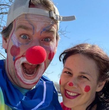 Mike Birbiglia and Jen Stein dressed in clowns as per the request of Oona Birbiglia on her birthday.